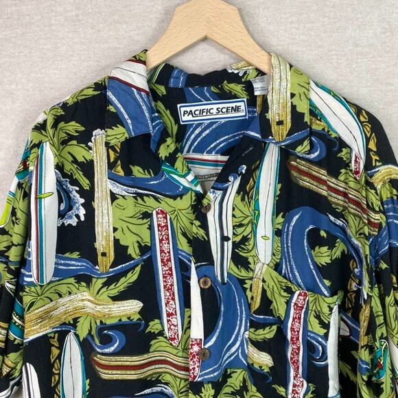 Vintage 90s Pacific Scene Men Button Up Hawaiian Shirt Size L Surf Boards Surfer - Picture 2 of 8